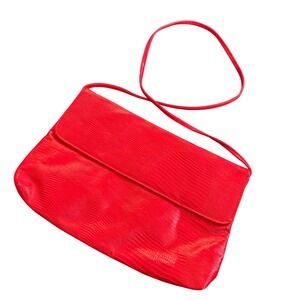Vintage Red Faux Lizard Skin Crossbody Bag Magnetic Flap‎ Closure Slim Strap
